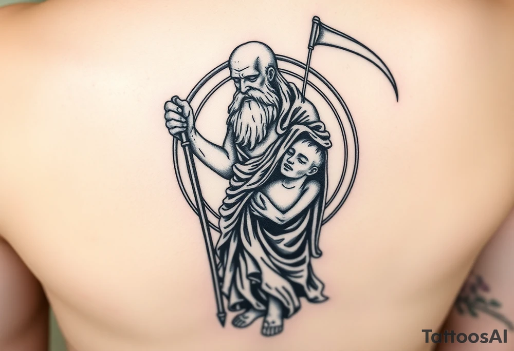 a tattoo design of the old wise God Saturn holding his scythe looking down using the spear to keep himself upright, in his other arms cradling a twin dying younger version of himself. The gemini constellation is in the background behind the Saturn Gods. Long vertical form as this will be on a thigh - include the planet Saturn rings going round the design tattoo idea