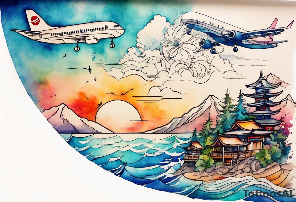 Travel themed for thigh, compass rose overlaid with beach, mountains, city scapes and European landmarks in and around it, spilled watercolor and tiny jet plane silhouette and a tiny ski boat in the water tattoo idea