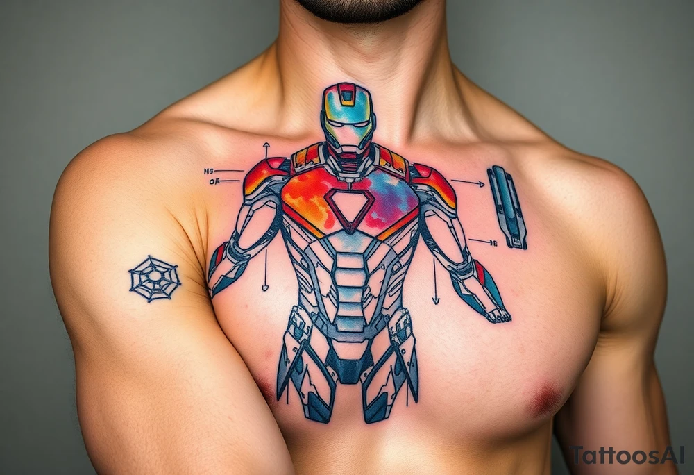 Ironman suit blueprint for separated suit parts with watercolor and geometric technique tattoo idea