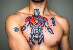 Ironman suit blueprint for separated suit parts with watercolor and geometric technique tattoo idea