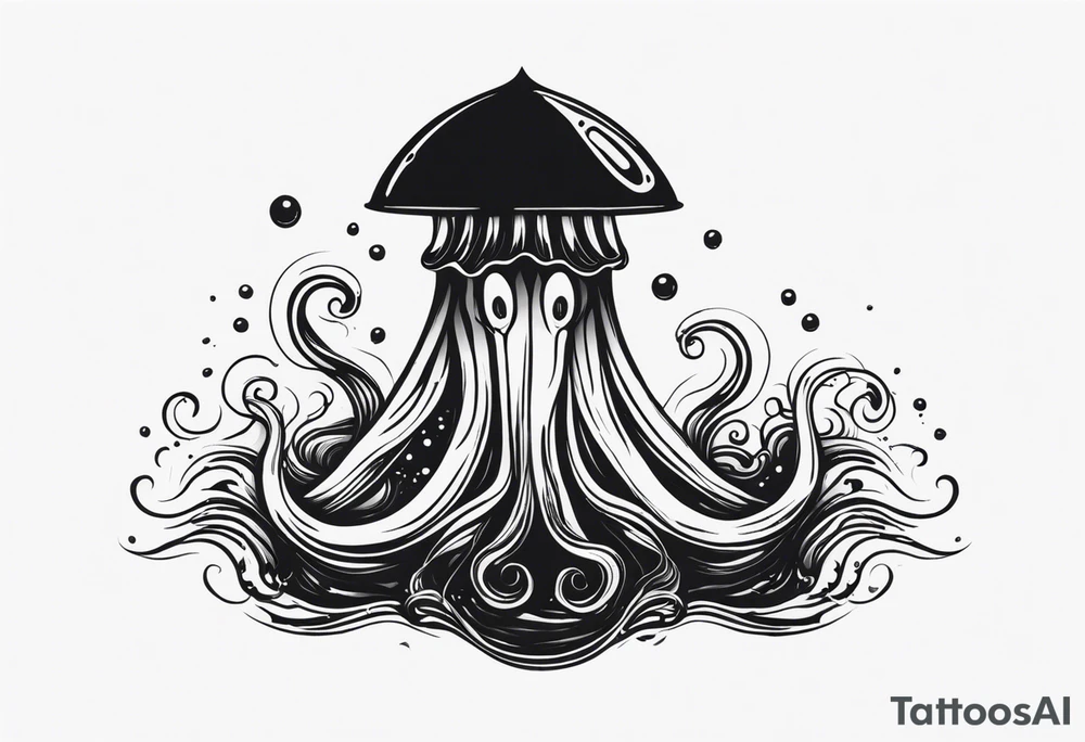 A visual representation of the horror squid concept, showing the squid becoming invisible in ink, its body turning black to blend in with its deep sea environment. The overall environment is dark, creating an eerie underwater atmosphere. tattoo idea