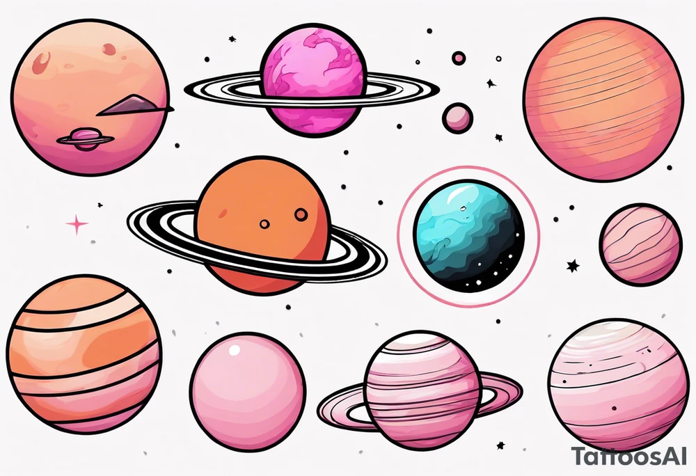 Dark Orange Pluto planet
Light orange Neptune planet
Black outline Uranus planet
light pink Saturn planet
dark pink Jupiter planet tattoo idea