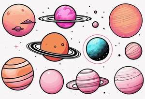 Dark Orange Pluto planet
Light orange Neptune planet
Black outline Uranus planet
light pink Saturn planet
dark pink Jupiter planet tattoo idea
