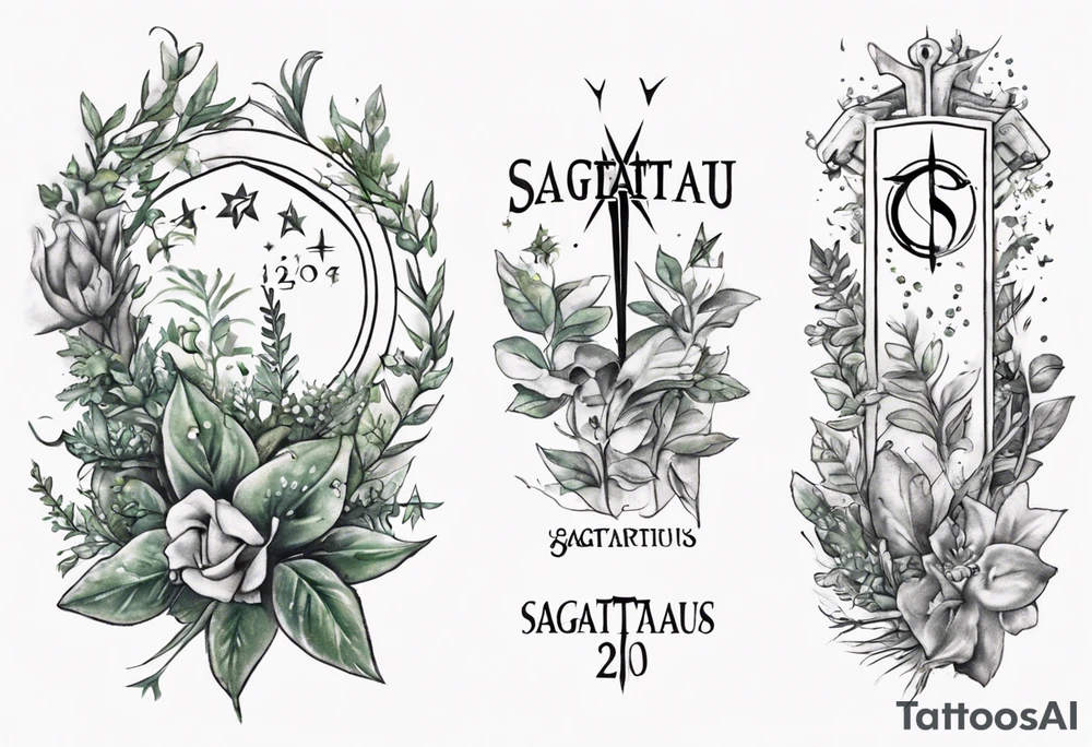 a forearm tattoo with little plants around the word sagittarius and underneath it the date 12.08.05 tattoo idea