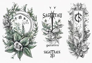 a forearm tattoo with little plants around the word sagittarius and underneath it the date 12.08.05 tattoo idea