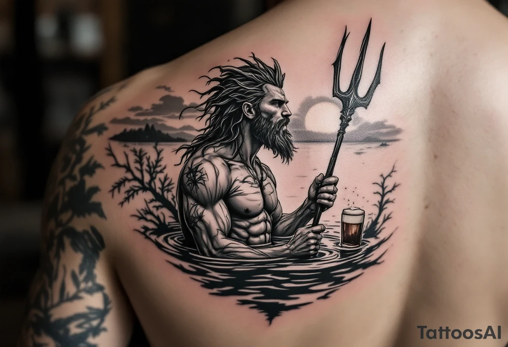 young, sexy, fit poseidon in calm water, holding a trident, drinking a beer, with sunset tattoo idea
