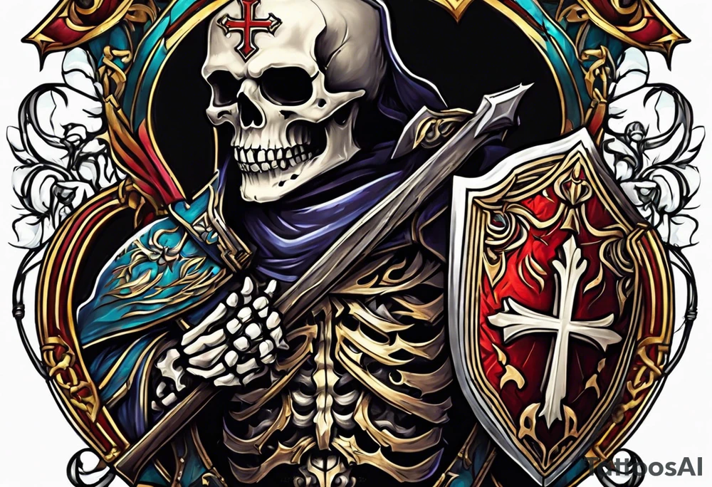 skeleton holding a shield with a cross on it tattoo idea