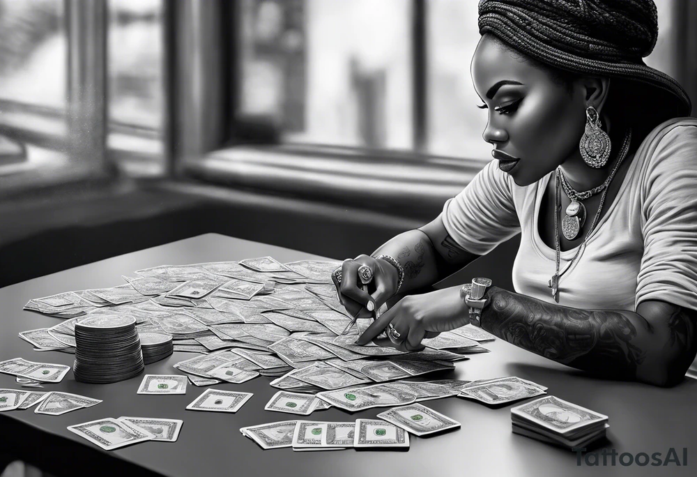black woman bitting money dice cards whiskey tattoo idea