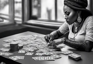 black woman bitting money dice cards whiskey tattoo idea