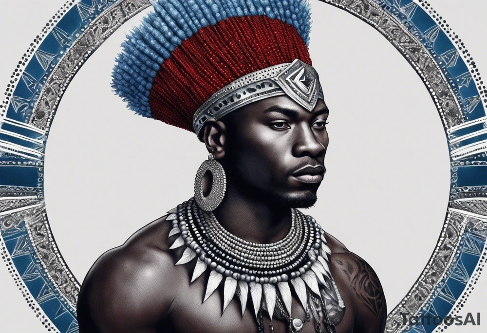 Black-skinned bald african warrior. He wears a simple and small silver crown. He uses two simple necklaces: one blue, other red. tattoo idea