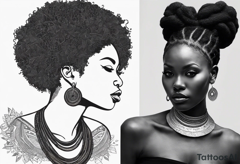 the outline of africa. Then covering the east/sourh east of Africa (because I am from Kenya malawi and eswatini), is a woman silhouette, or the face of a black woman with an Afro (all in outlines but perhaps her afro can be filled in) with a necklace on. The necklace is one of those gold ring stack necklaces that extend the neck tattoo idea