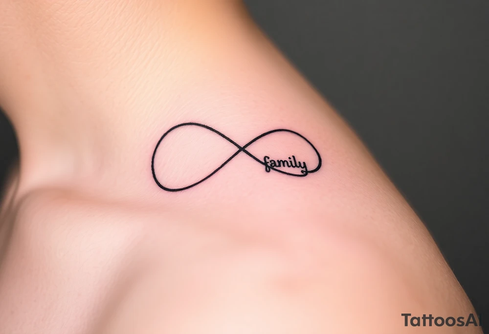 A minimalist infinity symbol composed of thin, intersecting lines, with the word "family" subtly incorporated along the curve in a contemporary font tattoo idea