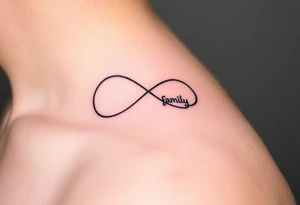 A minimalist infinity symbol composed of thin, intersecting lines, with the word "family" subtly incorporated along the curve in a contemporary font tattoo idea