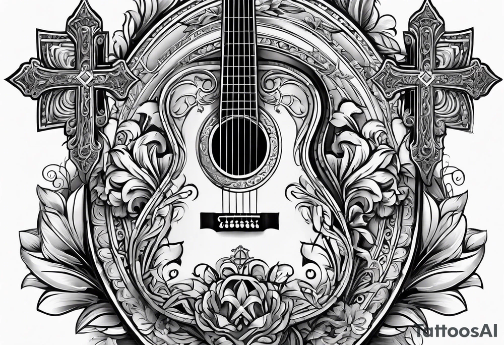 Detailed Christian Cross with acoustic guitar blended in tattoo idea
