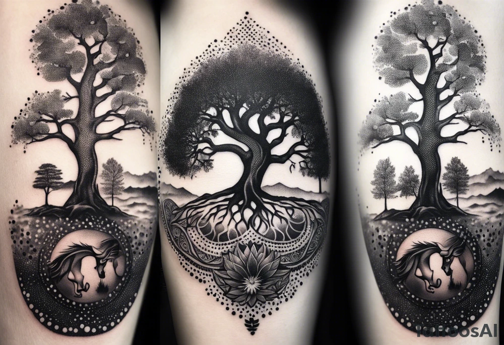 Yggdrasil tree, horse, sunflower tattoo idea
