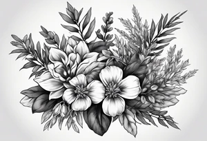 the flowers only of sage, sweetgrass, cedar and tobacco plants, enlarged so that they cap a shoulder and flow down the bicep, be realistic tattoo idea