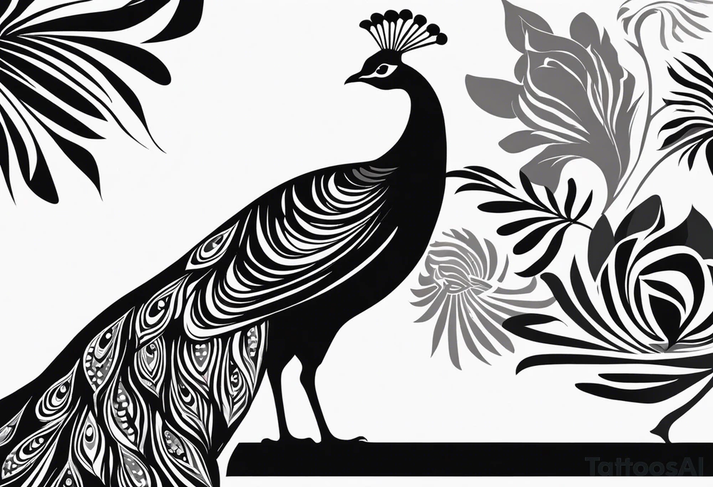 Black and white silhouette illustration of a beautiful peafowl standing gracefully on a branch. The bird’s majestic plumage is shown in a stylized, intricate design, with the tail fanned out in a sweeping arc. The silhouette captures the vivid shape of the bird’s feathers, creating a strong contrast against the minimalist background. The background is composed of simplified tree branches and abstract foliage shapes, evoking the lush forest setting while keeping the focus on the elegance of the peafowl perched delicately on the branch. tattoo idea