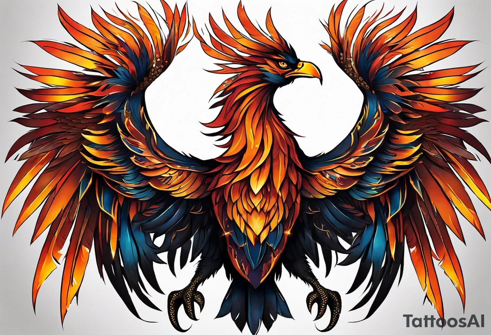 A majestic fire phoenix, rising powerfully with its wings spread wide and feathers flowing, representing rebirth and resilience. The phoenix is detailed with intricate feathers, creating a sense of movement and vitality. The design is bold, with deep shading and texture that adds dimension and intensity to its form. tattoo idea