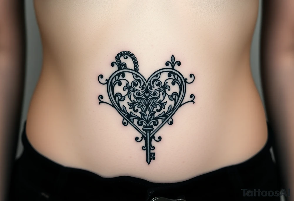 A realistic heart-shaped lock with an ornate key, decorated with filigree patterns, representing devotion and commitment tattoo idea