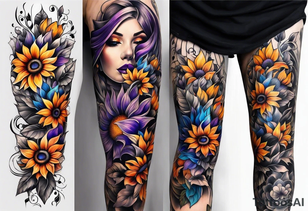 Full leg sleeve with purple, orange and blue sunflowers tattoo idea