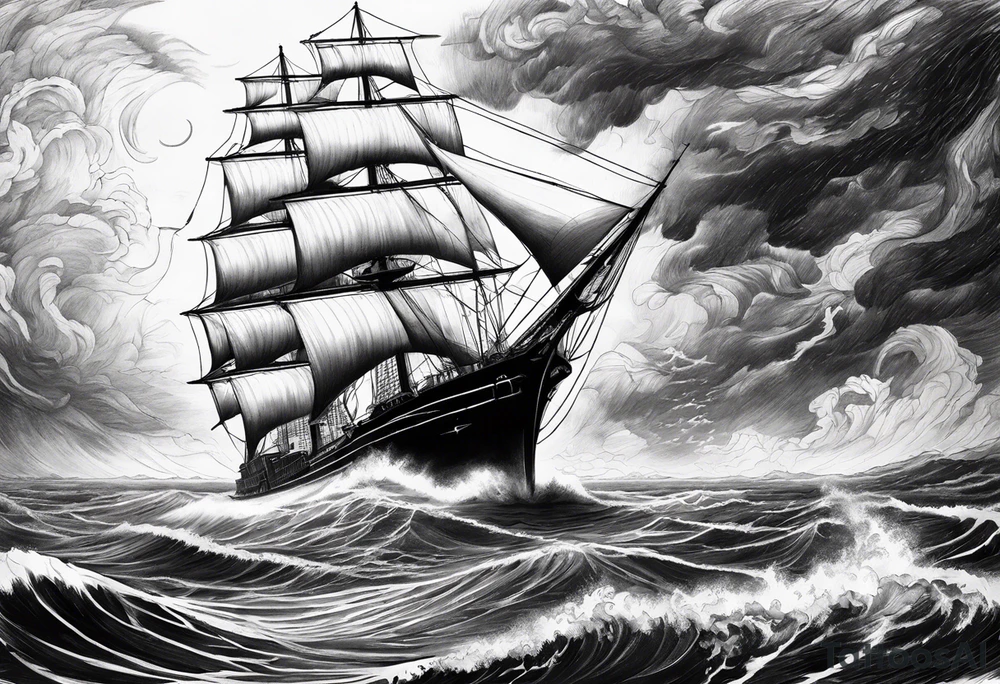 Sailor in storm at sea with his ship holding his cigar tattoo idea