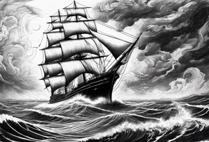 Sailor in storm at sea with his ship holding his cigar tattoo idea