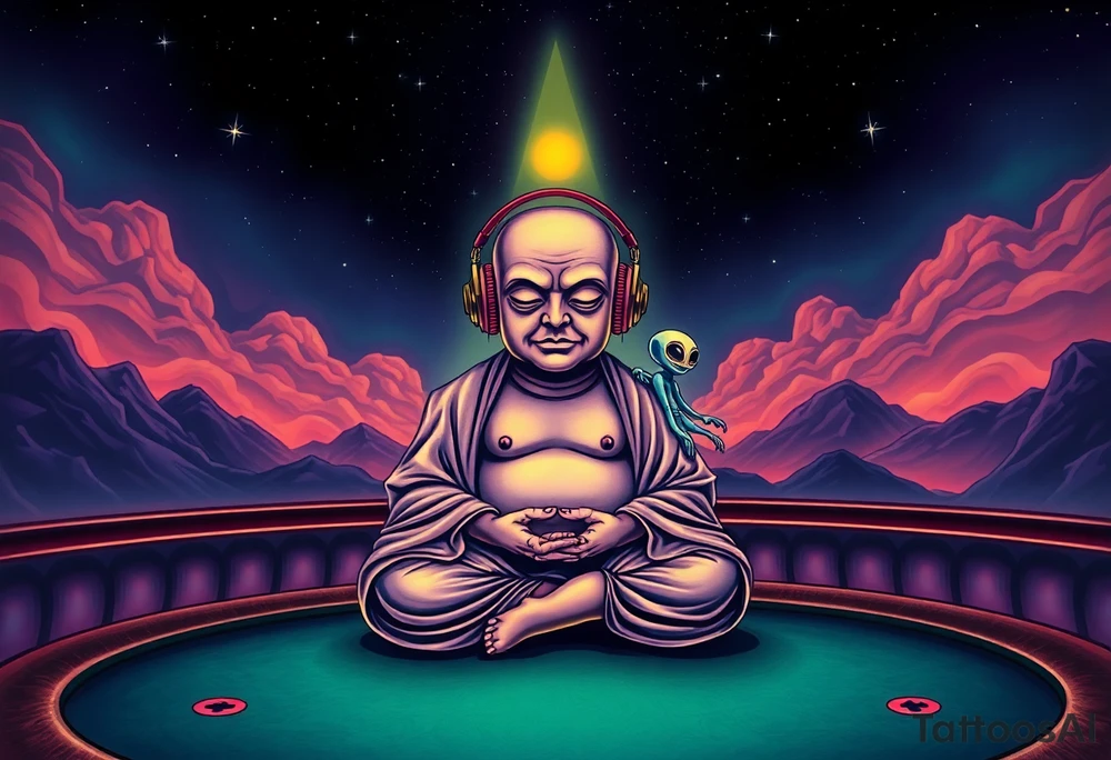 a dim celestial light shines over a curious wise chubby alien buddha who is wearing headphones and is calmly meditating on top of a texas hold'em table, and under a beautiful starry sky. There is a friendly alien sitting on his shoulder. tattoo idea