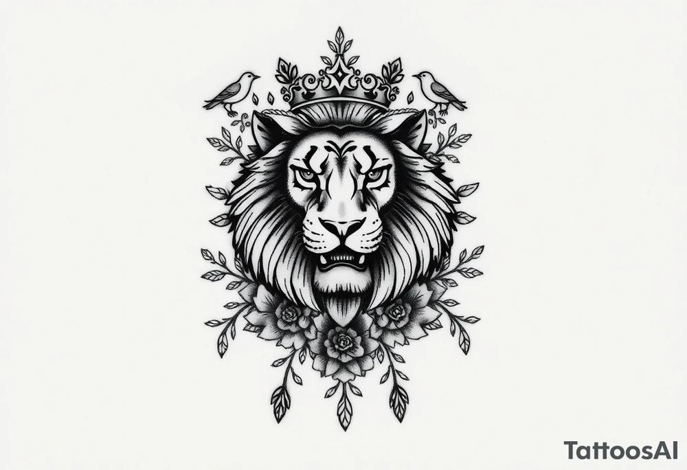 powerful majestic lion with a crown, surrounded by floral ornaments and birds tattoo idea