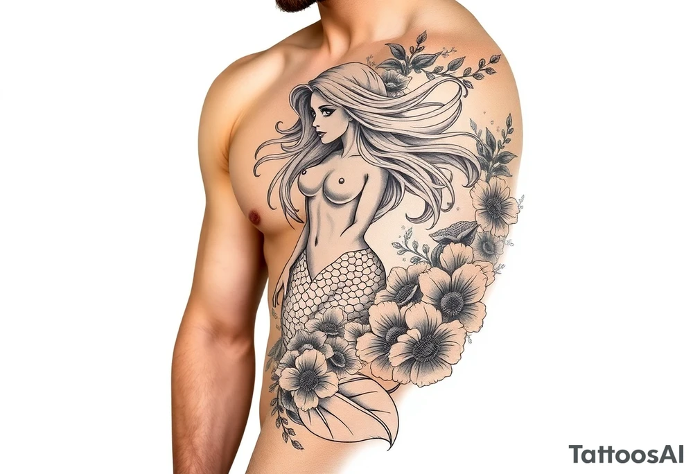 ethereal mermaid with flowing hair among coral and sea flowers tattoo idea