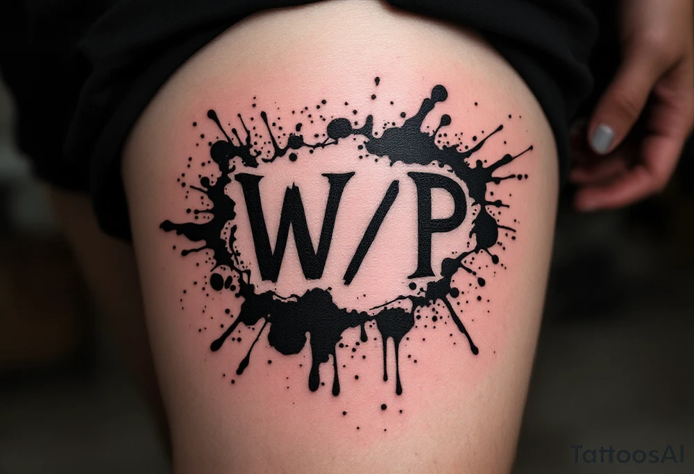 Ink Spill Monogram – Black “W / P” in clean sans-serif, surrounded by an abstract black ink blot for a modern grunge vibe. tattoo idea