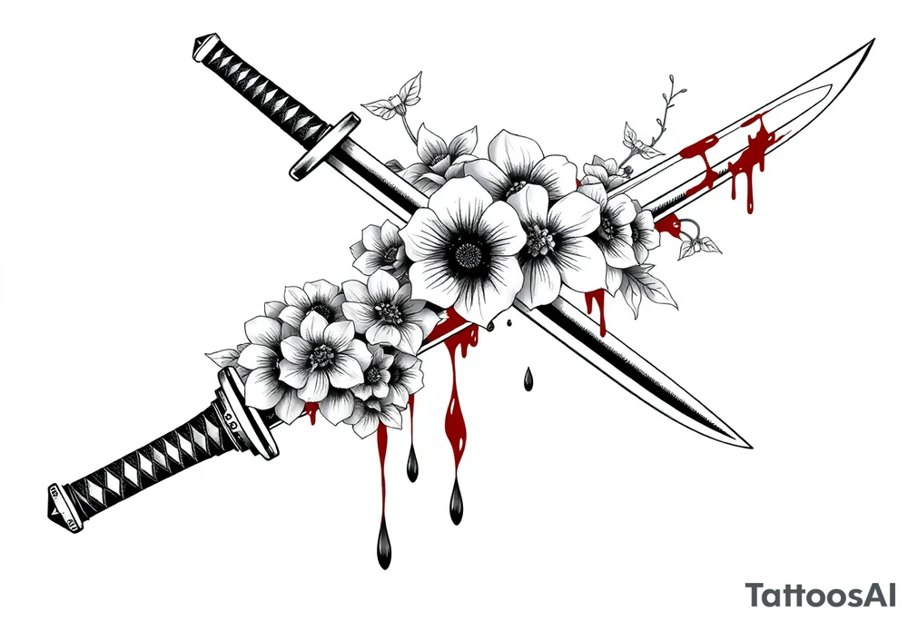 Katana with flowers and blood on the blade tattoo idea