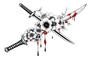 Katana with flowers and blood on the blade tattoo idea