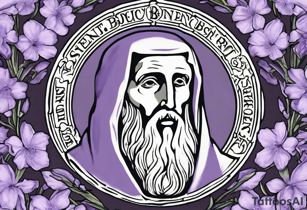I'm seeking a custom tattoo design featuring a faithful and precise representation of the Saint Benedict medal, surrounded by delicately intertwined lavender flowers to create a harmonious and aesthetically pleasing composition. The focus should be on maintaining the authenticity of the Saint Benedict medal, while incorporating the serene beauty of lavender blooms around it. Additionally, the design should be in black and white to ensure a classic and timeless aesthetic. The goal is to achieve a balance that captures the symbolic essence of the medal within a visually appealing and monochromatic tattoo. tattoo idea