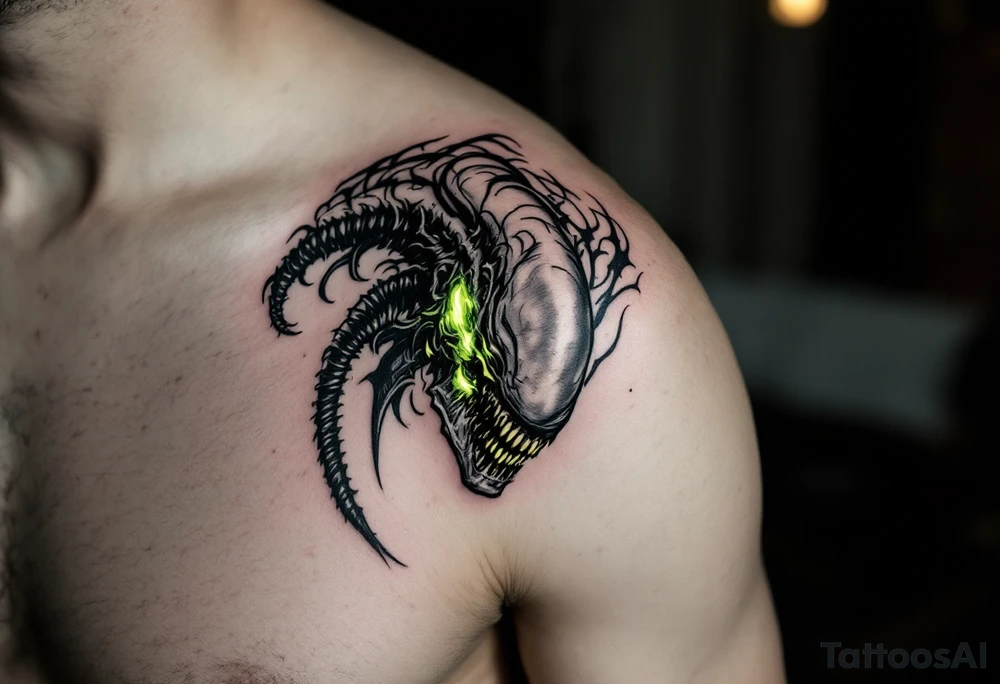 A Xenomorph’s elongated skull blending into abstract tribal patterns, using a dark palette with bright, bioluminescent accents in glowing green and yellow. tattoo idea