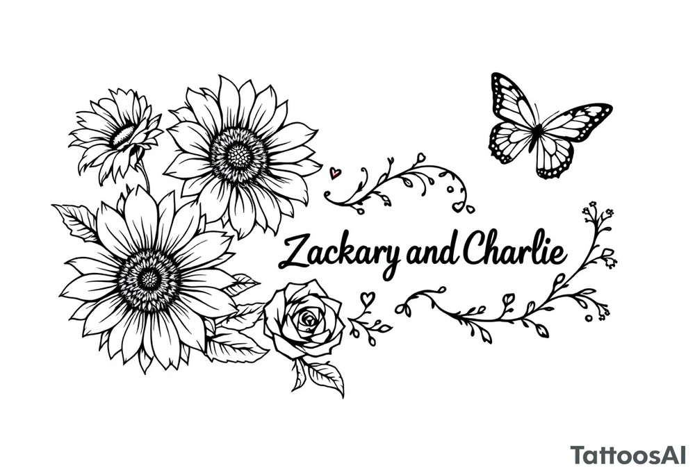 Sunflowers, heart and butterfly with name Zackary and Charlie tattoo idea