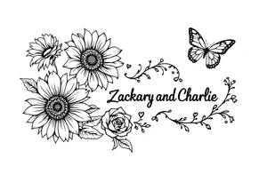 Sunflowers, heart and butterfly with name Zackary and Charlie tattoo idea