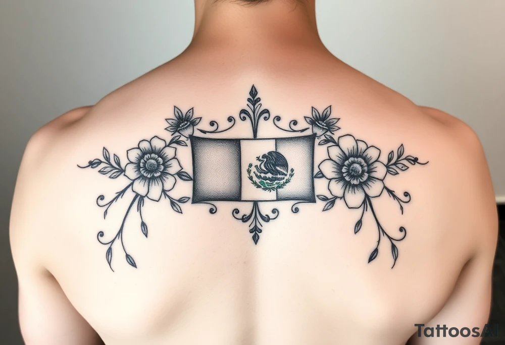 Small, feminine tattoo for placement on my clavical or lower back that reflects new life journey, delicate florals, ornaments and vines. Include Mexican flag and images of Mexican flowers. Style as four tile layout. Can you make it smaller? tattoo idea