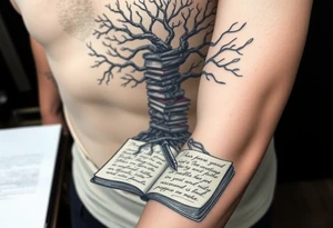 Dark 
tree of knowledge with books connected as roots stacked up and an open journal with beautiful cursive writing at the base with a fountain pen for the tattoo idea
