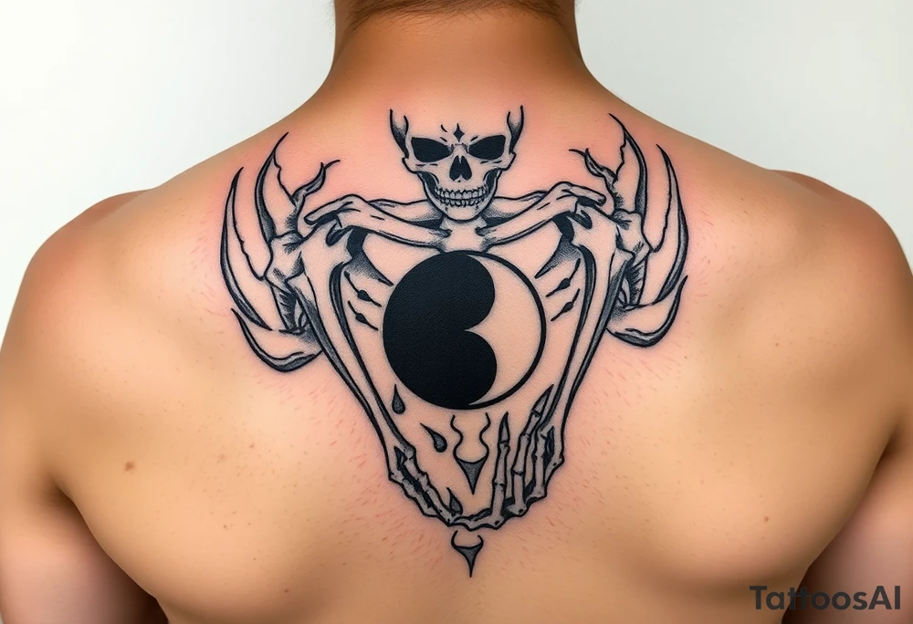 female skeleton surround by subtle flames holding a black half yin yang tattoo idea