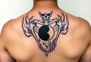 female skeleton surround by subtle flames holding a black half yin yang tattoo idea