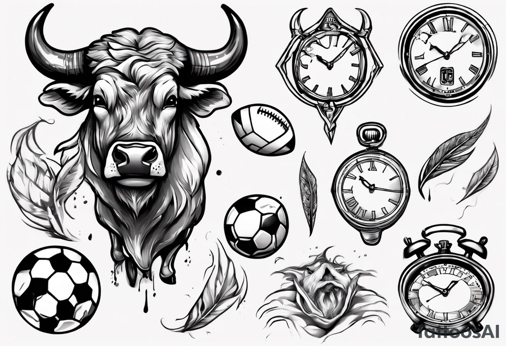 J'aimerai un taureau, et une horloge avec dedans mon chiffre 23, et à côté J'aimerai que tu rajoute une petite touche sur le football, tattoo idea