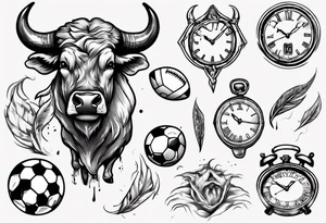 J'aimerai un taureau, et une horloge avec dedans mon chiffre 23, et à côté J'aimerai que tu rajoute une petite touche sur le football, tattoo idea