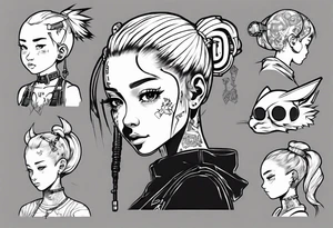 Cute cyberpunk girl with ponytail tattoo idea