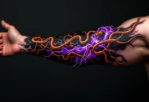 A  vivid design featuring copper tubes and violet plasma lines integrated into the skin’s anatomy. tattoo idea