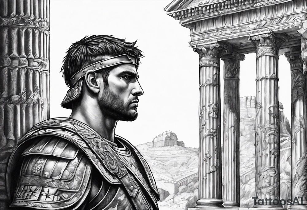 Roman solider looknig at pillars in the distance tattoo idea