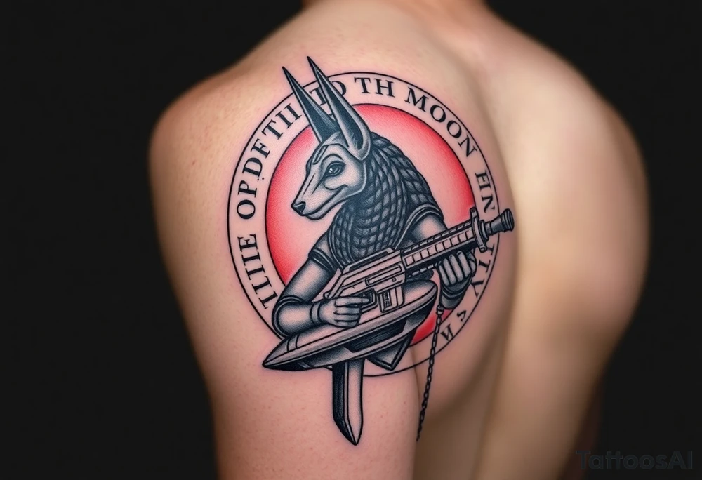 "Anubis in a ufo, holding a tommy gun. His jackal head is half-cyborg (exposed circuits). Hieroglyph background spells 'BTC TO THE MOON'.  

Style: Art Deco meets cyber-Egyptian. Black/red/gold ink. Forearm sleeve." tattoo idea