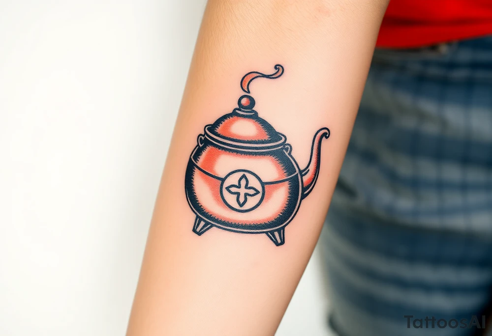 A traditional copper brewing kettle with steam rising, with an engraved brewery logo for a nostalgic and industrial look tattoo idea