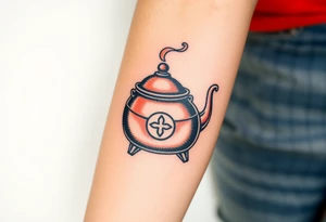 A traditional copper brewing kettle with steam rising, with an engraved brewery logo for a nostalgic and industrial look tattoo idea