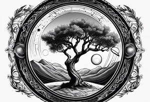 an olive tree surrounded by Saturn surrounded by a black hole tattoo idea