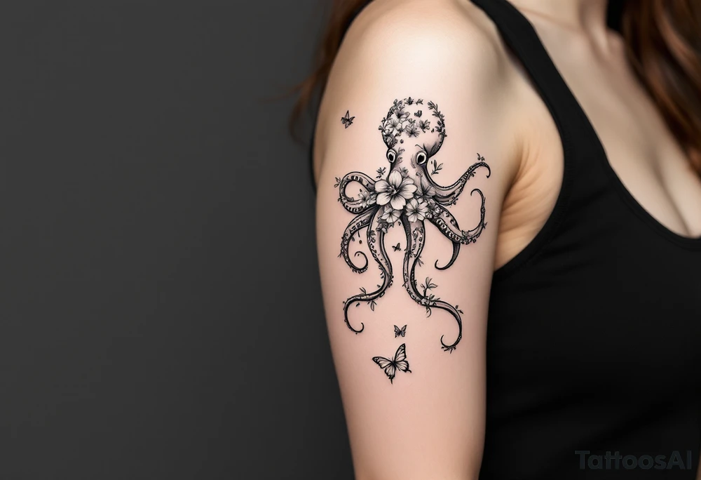 A fine-line tattoo design of a single octopus made entirely of flowers and butterflies. The octopus’s tentacles are shaped like flowing floral vines with leaves and petals, and its body is composed of overlapping blossoms and butterfly wings. The style is minimalist, elegant, and nature-inspired, with delicate black and grey lines, soft shading, and no outlines. No aquatic or marine elements besides the floral octopus. The design flows organically down the upper arm or shoulder, with a light, airy, and poetic feel. tattoo idea